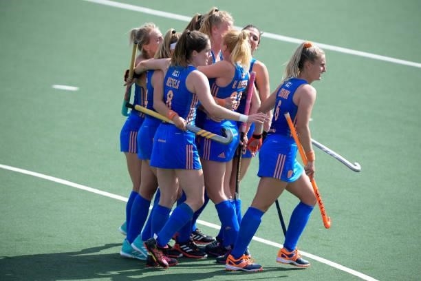 Caia van Maasakker of the Netherlands celebrating her goal with her teammates during the Euro Hockey Championships Women match between Netherlands...