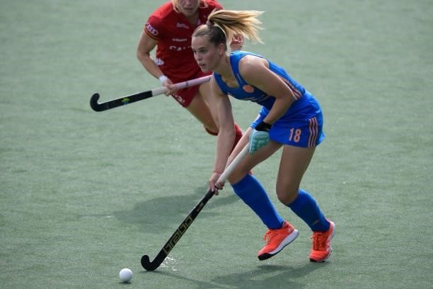 Pien Sanders of the Netherlands during the Euro Hockey Championships Women match between Netherlands and Belgium at Wagener Stadion on June 11, 2021...