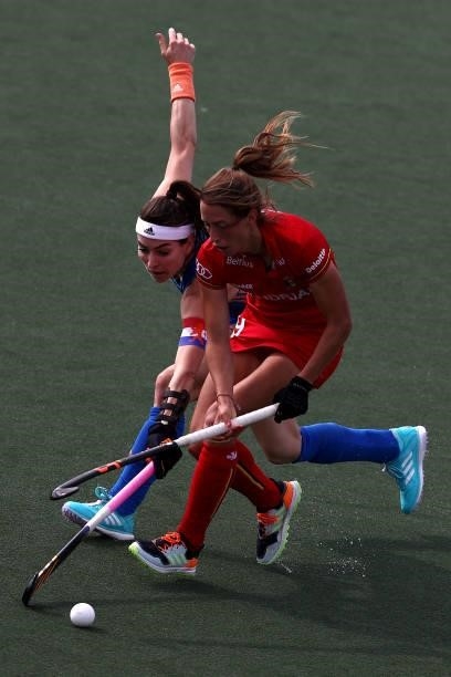 Eva de Goede of Netherlands battles for the ball with Barbara Nelen of Belgium during the Euro Hockey Championships Womens Semi Final match between...