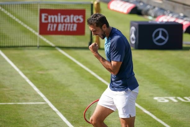 Marin Cilic of Croatia celebrates during his match against Denis Shapovalov of Canada during day 5 of the MercedesCup at Tennisclub Weissenhof on...