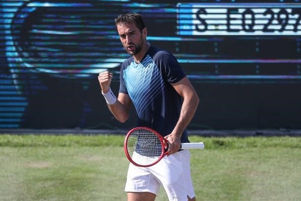 Marin Cilic of Croatia celebrates during his match against Denis Shapovalov of Canada during day 5 of the MercedesCup at Tennisclub Weissenhof on...