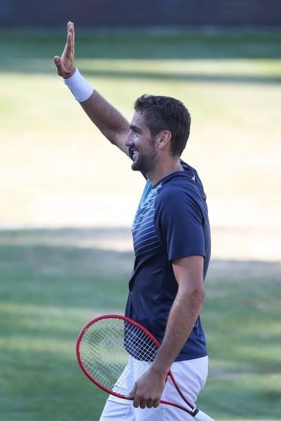 Marin Cilic of Croatia celebrates after winning his match against Denis Shapovalov of Canada during day 5 of the MercedesCup at Tennisclub Weissenhof...