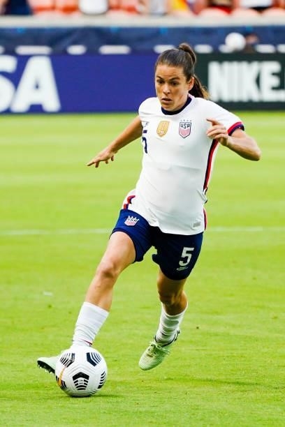 Kelley O'Hara of United States dribbles the ball during the first half the 2021 WNT Summer Series friendly between the United States and Portugal at...