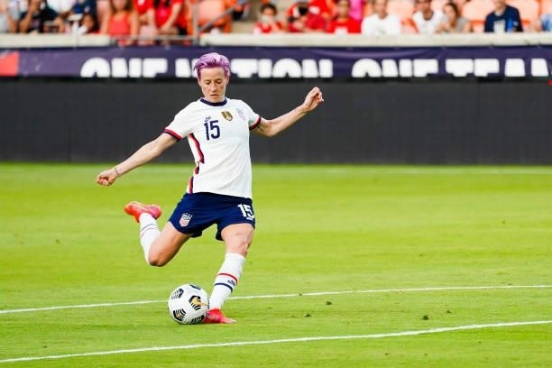 Megan Rapinoe of United States kicks a free kick during the first half of the 2021 WNT Summer Series friendly between the United States and Portugal...