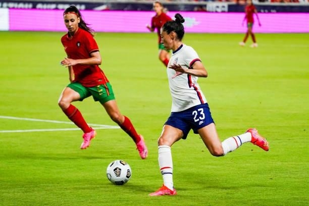 Christen Press of United States dribbles the ball during the second half the 2021 WNT Summer Series friendly between the United States and Portugal...