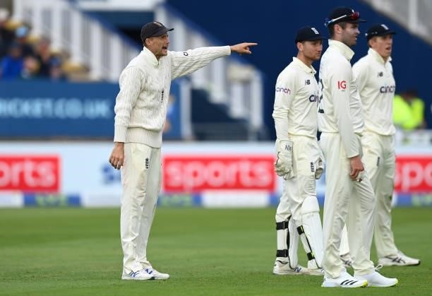 Joe Root of England directs his field during day two of the second Test Match at Edgbaston on June 11, 2021 in Birmingham, England.