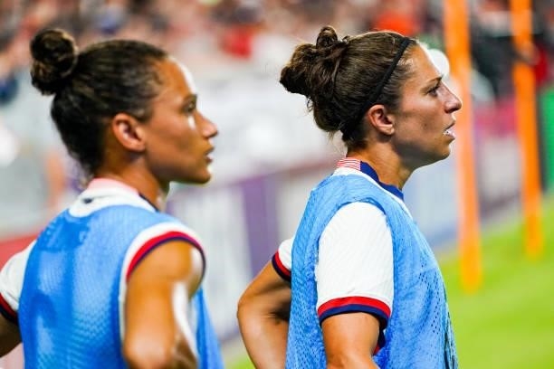 Carli Lloyd of United States looks on from the sidelines during the second half the 2021 WNT Summer Series friendly between the United States and...