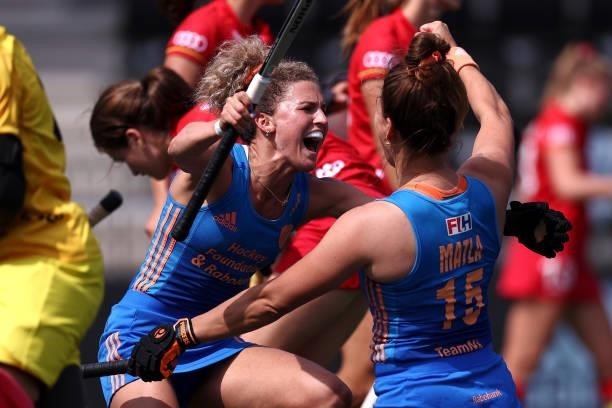 Frederique Matla of Netherlands celebrates scoring her teams first goal of the game with team mate Maria Verschoor during the Euro Hockey...