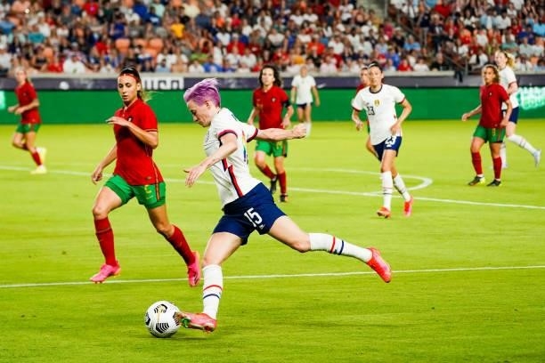Megan Rapinoe of United States dribbles the ball during the second half the 2021 WNT Summer Series friendly between the United States and Portugal at...