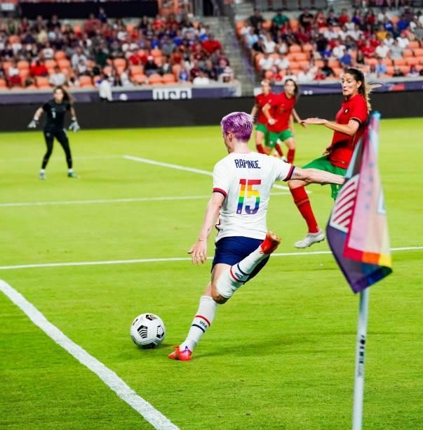 Megan Rapinoe of United States crossed the ball during the second half the 2021 WNT Summer Series friendly between the United States and Portugal at...