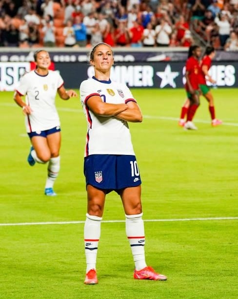 Carli Lloyd of United States Celebrates a disallowed goal during the second half the 2021 WNT Summer Series friendly between the United States and...