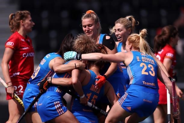 Frederique Matla of Netherlands celebrates scoring her teams first goal of the game with team mates during the Euro Hockey Championships Womens Semi...