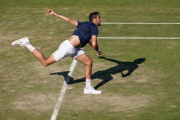 Marin Cilic of Croatia in action during his match against Denis Shapovalov of Canada during day 5 of the MercedesCup at Tennisclub Weissenhof on June...