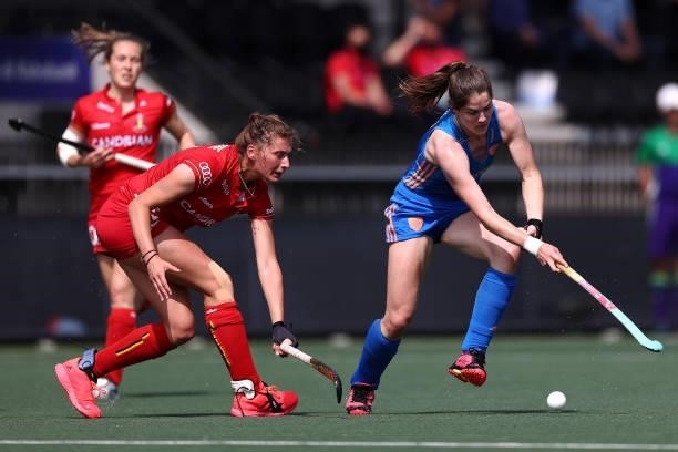 Marloes Keetels of Netherlands battles for the ball with Stephane Vanden Borre of Belgium during the Euro Hockey Championships Womens Semi Final...