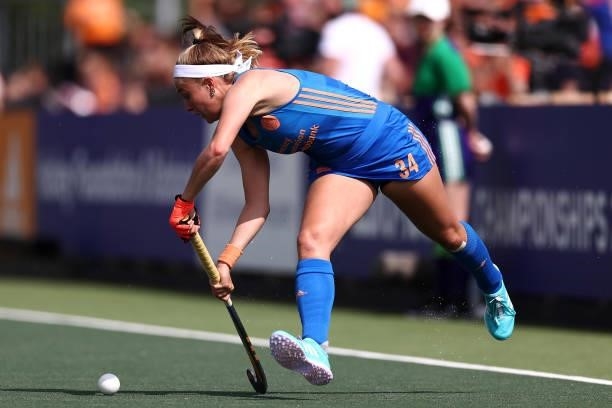 Pien Dicke of Netherlands in action during the Euro Hockey Championships Womens Semi Final match between Netherlands and Belgium at Wagener Stadion...