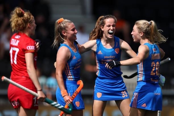 Felice Albers of Netherlands celebrates scoring her teams second goal of the game with Laurien Leurink and Laura Nunnink during the Euro Hockey...