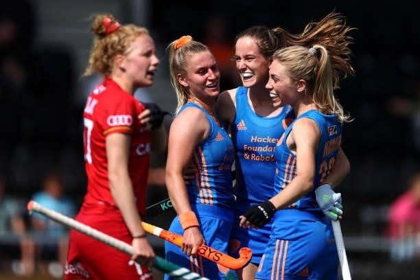 Felice Albers of Netherlands celebrates scoring her teams second goal of the game with Laurien Leurink and Laura Nunnink during the Euro Hockey...