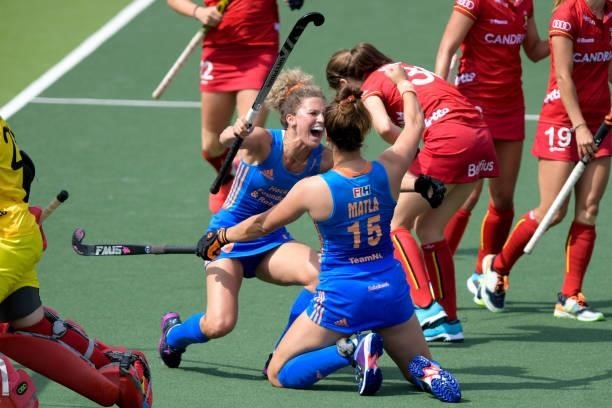 Maria Verschoor of the Netherlands, Frederique Matla of the Netherlands celebrating the first goal of the match during the Euro Hockey Championships...