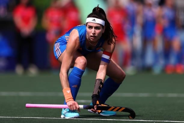 Captain, Eva de Goede of Netherlands in action during the Euro Hockey Championships Womens Semi Final match between Netherlands and Belgium at...