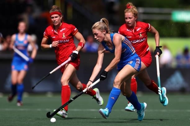 Laura Nunnink of Netherlands gets past the tackle gets past the tackle from Michelle Struijk and during the Euro Hockey Championships Womens Semi...