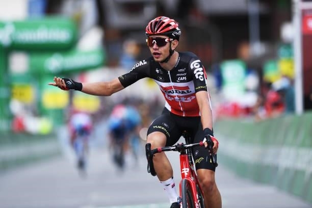 Andreas Lorentz Kron of Denmark and Team Lotto Soudal disappointment at arrival during the 84th Tour de Suisse 2021, Stage 6 a 130,1km stage from...