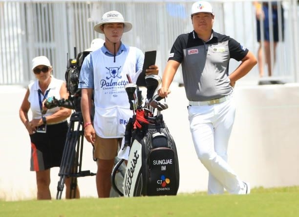 Sungjae Im of Korea waits to play his shot on the first hole during the second round of the Palmetto Championship at Congaree on June 11, 2021 in...