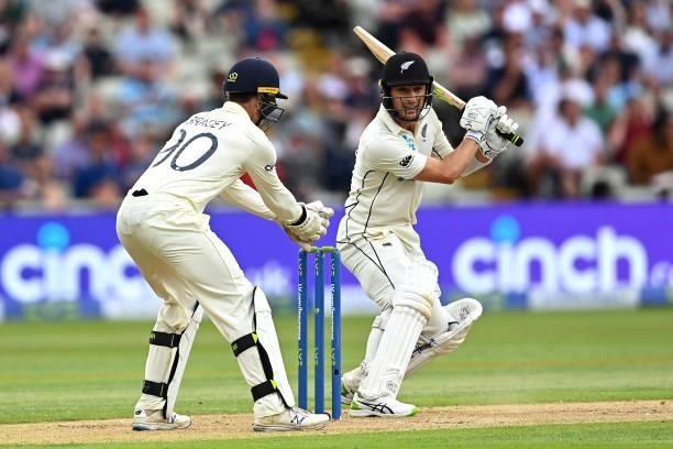 Will Young of New Zealand bats with James Bracey of England looking on during day two of the second Test Match at Edgbaston on June 11, 2021 in...