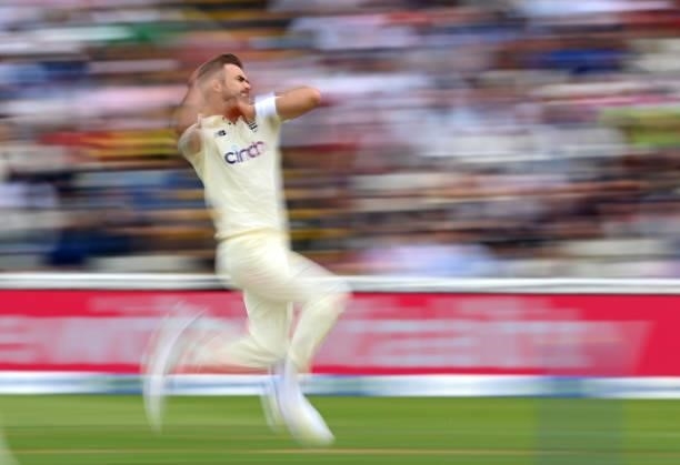 James Anderson of England bowls during day two of the second Test Match at Edgbaston on June 11, 2021 in Birmingham, England.
