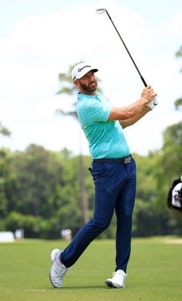 Dustin Johnson plays his shot on the first hole during the second round of the Palmetto Championship at Congaree on June 11, 2021 in Ridgeland, South...