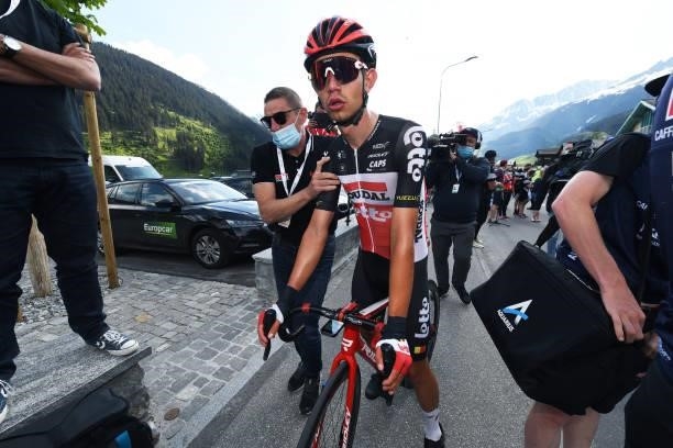 Andreas Lorentz Kron of Denmark and Team Lotto Soudal at arrival during the 84th Tour de Suisse 2021, Stage 6 a 130,1km stage from Andermatt to...