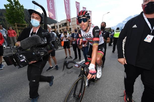 Rui Alberto Faria Da Costa of Portugal and UAE Team Emirates celebrates at arrival during the 84th Tour de Suisse 2021, Stage 6 a 130,1km stage from...