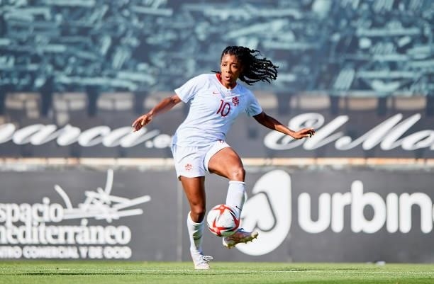 Ashley Lawrence of Canada in action during the Women's International friendly match between Canada and Czech Republic at Estadio Cartagonova on June...