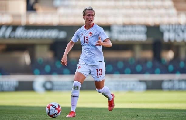 Sophie Schmidt of Canada runs with the ball during the Women's International friendly match between Canada and Czech Republic at Estadio Cartagonova...