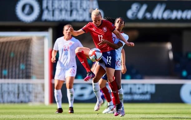 Ashley Lawrence of Canada competes for the ball with Klara Cahynova of Czech Republic during the Women's International friendly match between Canada...
