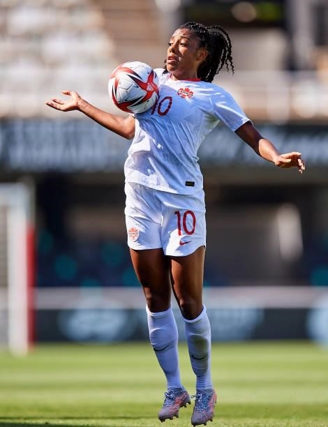 Ashley Lawrence of Canada controls the ball during the Women's International friendly match between Canada and Czech Republic at Estadio Cartagonova...