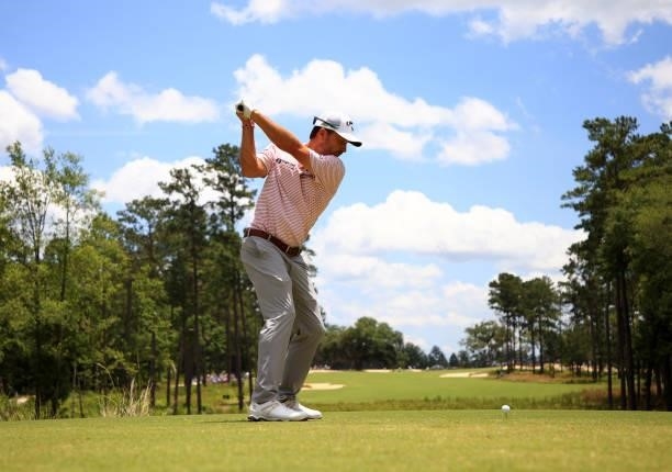 Kevin Kisner plays his shot from the second tee during the second round of the Palmetto Championship at Congaree on June 11, 2021 in Ridgeland, South...