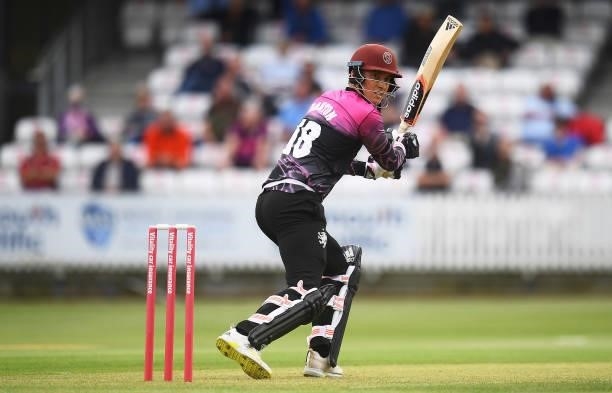 Tom Banton of Somerset plays a shot during the Vitality T20 Blast match between Somerset and Surrey at The Cooper Associates County Ground on June...