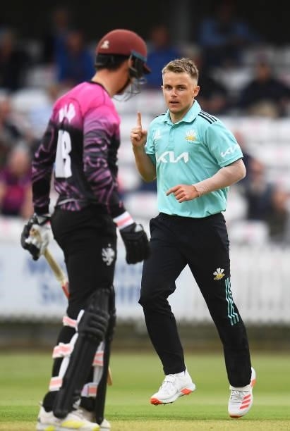 Sam Curran of Surrey celebrates after taking the wicket of Tom Banton of Somerset during the Vitality T20 Blast match between Somerset and Surrey at...