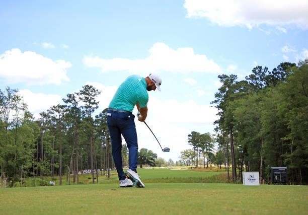 Dustin Johnson plays his shot from the second tee during the second round of the Palmetto Championship at Congaree on June 11, 2021 in Ridgeland,...
