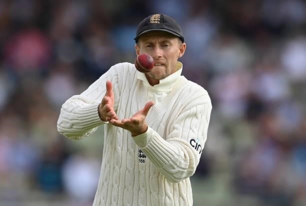 Joe Root of England catches the ball during the second day of the second LV= Test Match between England and New Zealand at Edgbaston on June 11, 2021...