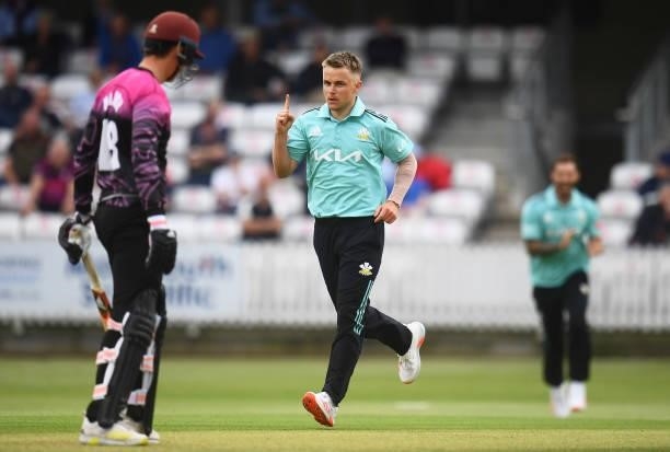 Sam Curran of Surrey celebrates after taking the wicket of Tom Banton of Somerset during the Vitality T20 Blast match between Somerset and Surrey at...