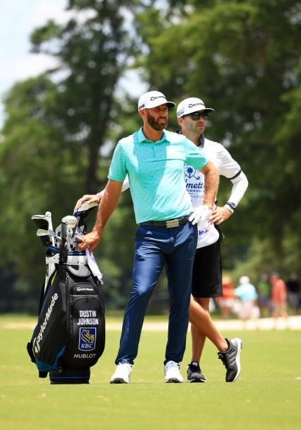 Dustin Johnson prepares to play his shot on the first hole during the second round of the Palmetto Championship at Congaree on June 11, 2021 in...