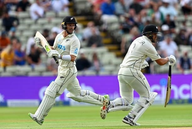 Will Young of New Zealand and Ross Taylor of New Zealand takes a run during day two of the second Test Match at Edgbaston on June 11, 2021 in...