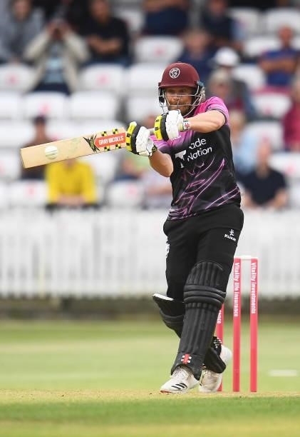 James Hildreth of Somerset plays a shot during the Vitality T20 Blast match between Somerset and Surrey at The Cooper Associates County Ground on...