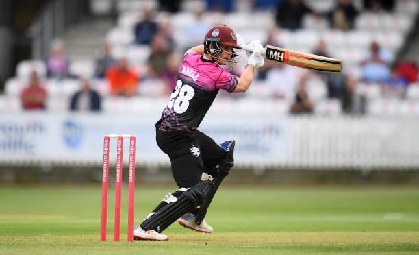 Tom Abell of Somerset plays a shot during the Vitality T20 Blast match between Somerset and Surrey at The Cooper Associates County Ground on June 11,...