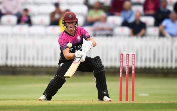 Tom Abell of Somerset plays a scoop shot during the Vitality T20 Blast match between Somerset and Surrey at The Cooper Associates County Ground on...