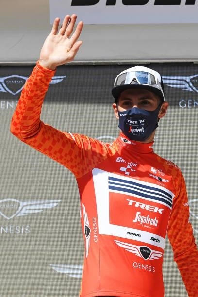 Antonio Nibali of Italy and Team Trek - Segafredo Orange Mountain Jersey celebrates at podium during the 84th Tour de Suisse 2021, Stage 6 a 130,1km...