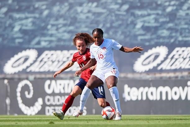 Nichelle Prince of Canada competes for the ball with Petra Vysterjnova of Czech Republic during the Women's International friendly match between...