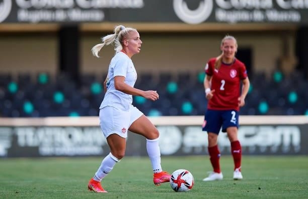 Adriana Leon of Canada in action during the Women's International friendly match between Canada and Czech Republic at Estadio Cartagonova on June 11,...