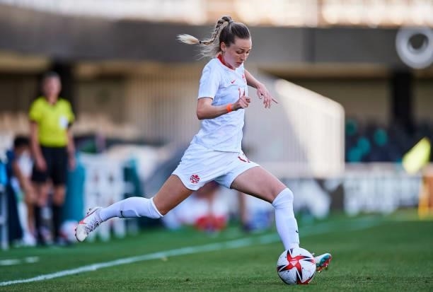 Gabrielle Carle of Canada in action during the Women's International friendly match between Canada and Czech Republic at Estadio Cartagonova on June...